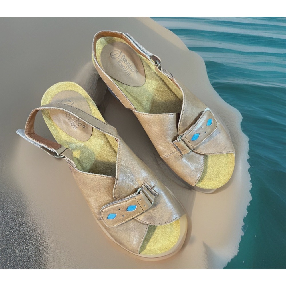 Sergio Tomani Sandals Womens 40 Brown Leather Platform Slingback Block Heel Art